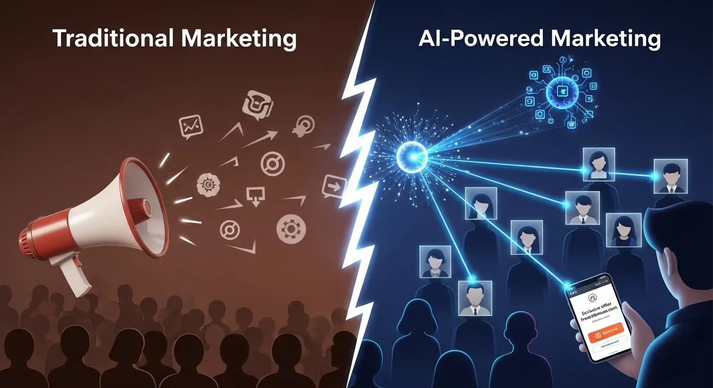 [nguyenthieutoan.com] So sánh giữa Marketing truyền thống và Marketing ứng dụng AI trong bất động sản. Marketing truyền thống rải thảm thông điệp, trong khi AI nhắm mục tiêu chính xác và cá nhân hóa.