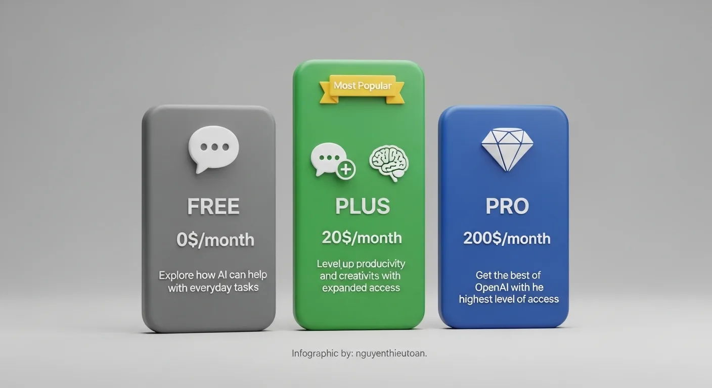 [nguyenthieutoan.com] Bảng so sánh các gói dịch vụ ChatGPT: Free, Plus, và Team, làm nổi bật các mô hình AI, tính năng, và đối tượng người dùng phù hợp.
