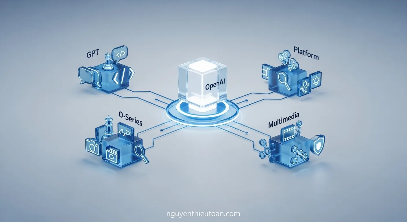 [nguyenthieutoan.com] Sơ đồ hệ sinh thái các mô hình AI của OpenAI được phân loại theo chức năng: Mô hình trò chuyện (GPT), Mô hình suy luận (O-series), Mô hình đa phương tiện (DALL-E, Sora) và Mô hình nền tảng.