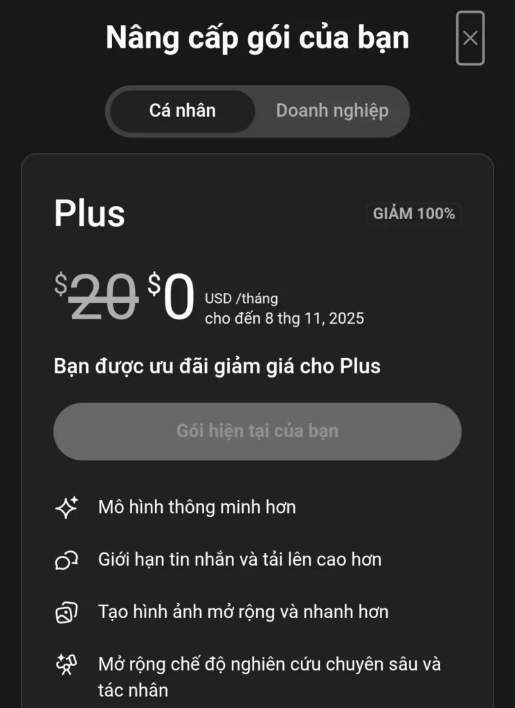 Giao diện xác thực thanh toán 0 đồng cho gói ChatGPT Plus