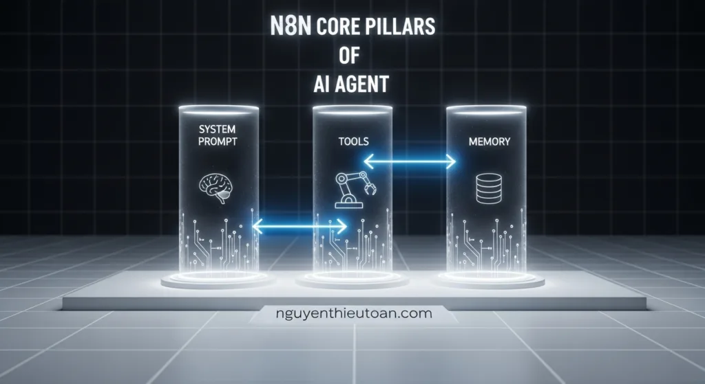 [nguyenthieutoan.com] Sơ đồ 3 trụ cột của một AI Agent trong n8n: Bộ Não Chỉ Huy (System Prompt), Đôi Tay Vươn Dài (Tools), và Trí Nhớ (Memory).
