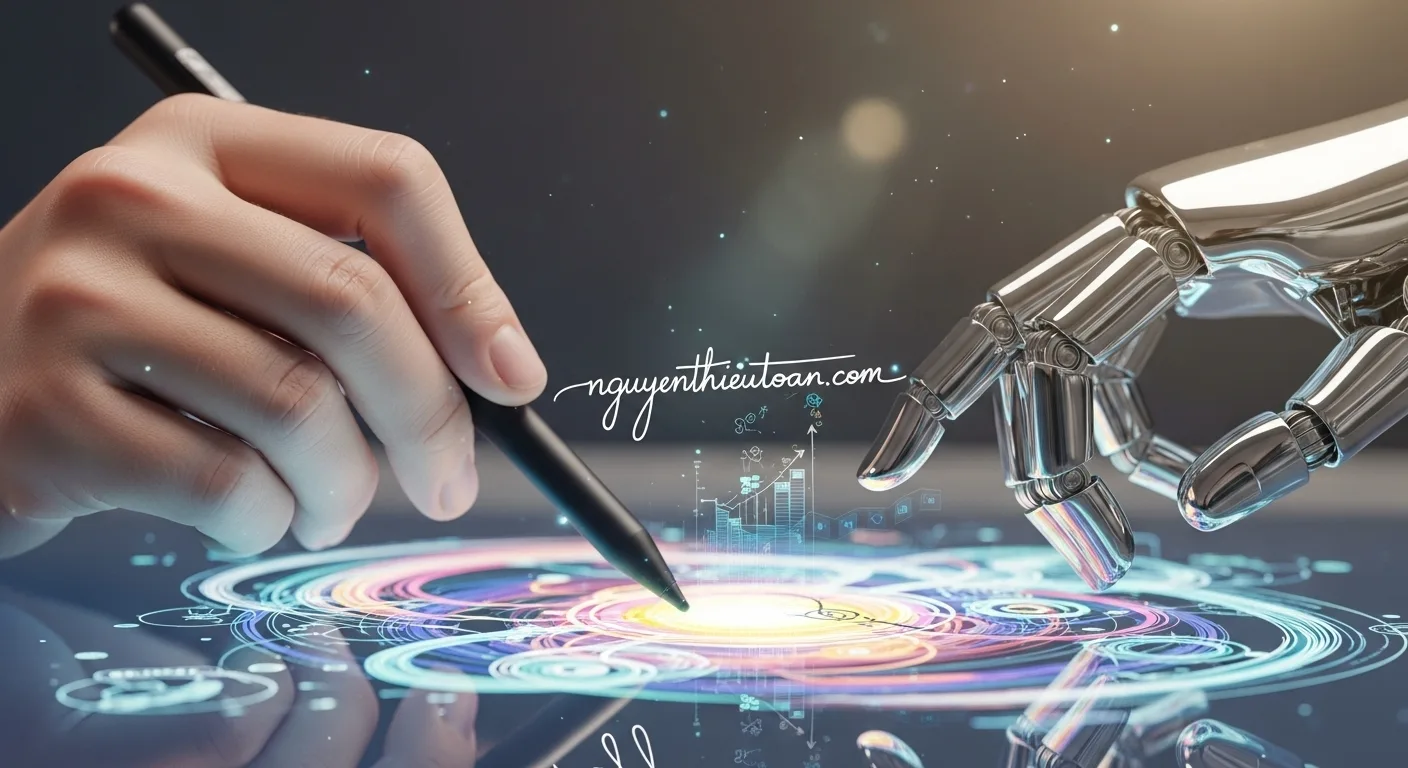 [nguyenthieutoan.com] Hình ảnh biểu tượng cho sự hợp tác giữa con người và AI trong marketing, nơi con người định hướng chiến lược