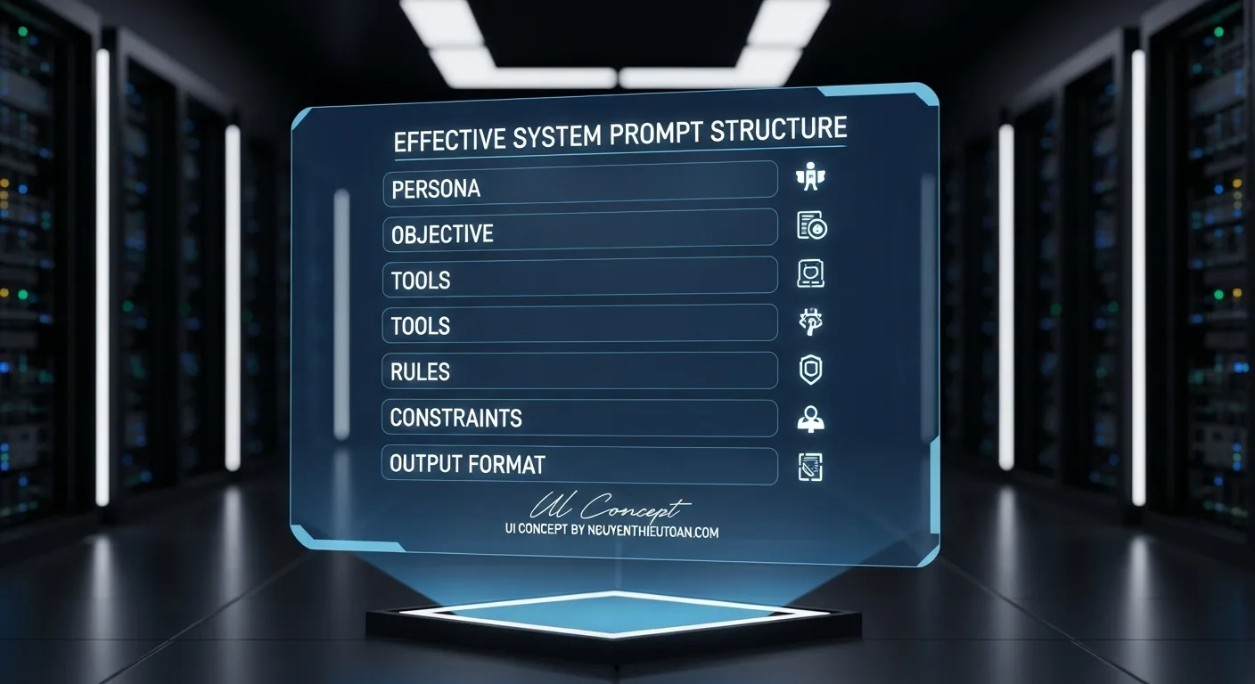[nguyenthieutoan.com] Minh họa cấu trúc của một System Prompt hiệu quả cho AI Agent, bao gồm các phần Vai trò, Mục tiêu, Công cụ, Quy tắc và Định dạng đầu ra