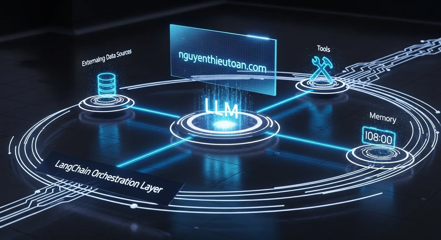 [nguyenthieutoan.com] Mô hình luồng hoạt động của LangChain Expression Language (LCEL), thể hiện dữ liệu đi qua một chuỗi các thành phần (prompt, model, output parser) được nối với nhau bằng toán tử pipe (|), nhấn mạnh tính tuyến tính và hiệu quả.