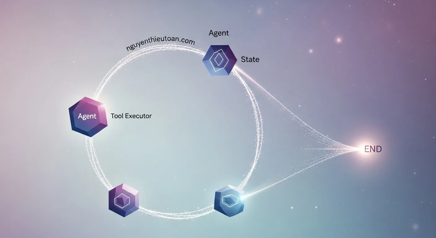 [nguyenthieutoan.com] Sơ đồ một đồ thị có chu trình (cyclic graph) của LangGraph, minh họa cách một agent có thể lặp lại giữa các nút 'suy nghĩ', 'hành động' và 'quan sát' để giải quyết một vấn đề phức tạp, khác với luồng tuyến tính của LCEL.