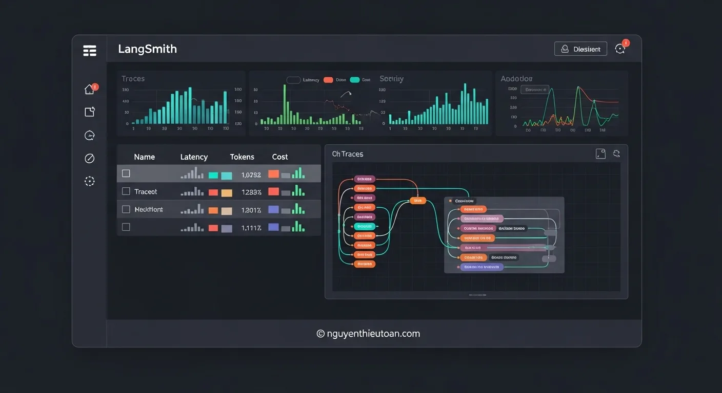 [nguyenthieutoan.com] Giao diện dashboard của LangSmith, hiển thị các dấu vết (traces) chi tiết của một ứng dụng LLM, bao gồm độ trễ, chi phí token, và đầu vào/đầu ra của mỗi bước, giúp nhà phát triển dễ dàng gỡ lỗi và giám sát.