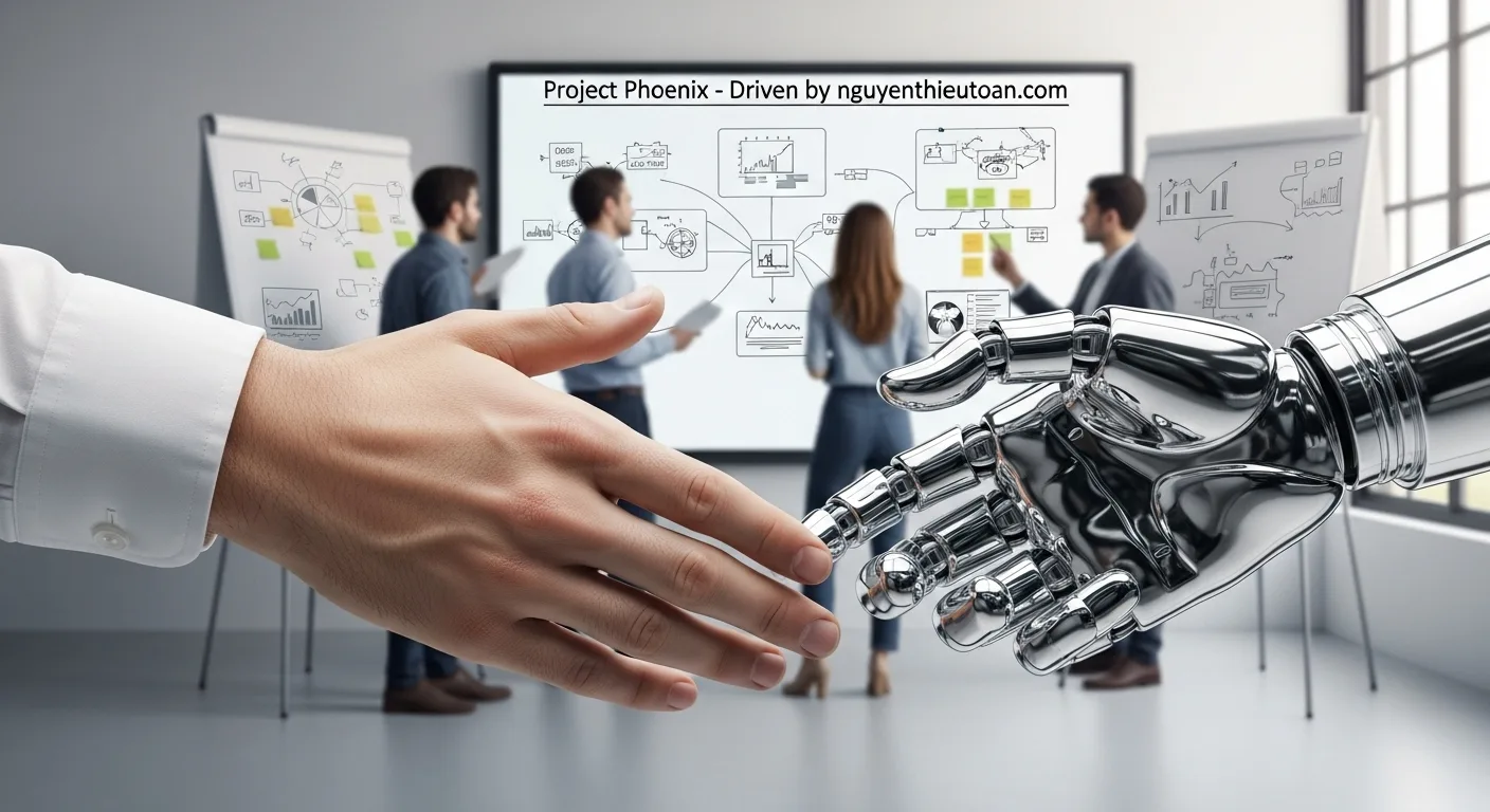 [nguyenthieutoan.com] Sự hợp tác giữa con người và robot tại nơi làm việc, biểu thị sự tăng cường năng lực thay vì thay thế hoàn toàn.