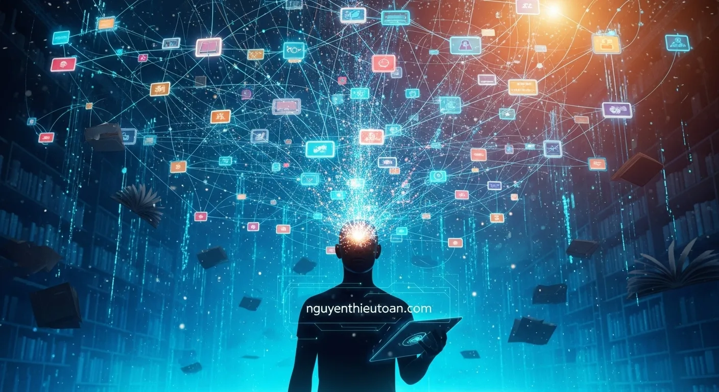 [nguyenthieutoan.com] Minh họa người đứng trước mạng lưới tri thức khổng lồ được kết nối bởi các luồng dữ liệu phát sáng