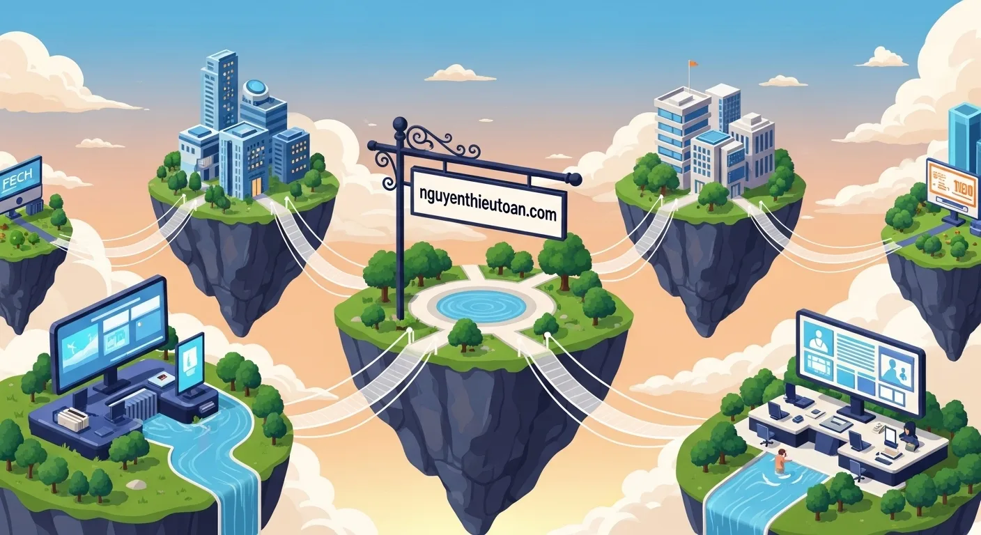 [nguyenthieutoan.com] Các hòn đảo trôi nổi trên bầu trời đại diện cho workspace khác nhau được kết nối bằng cầu ánh sáng