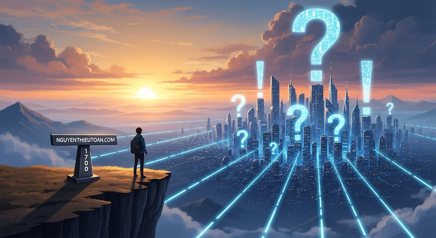 [nguyenthieutoan.com] Người đứng trên vách đá nhìn bình minh rực rỡ trên thành phố tương lai với các tòa nhà hình dấu hỏi và dấu chấm than phát sáng