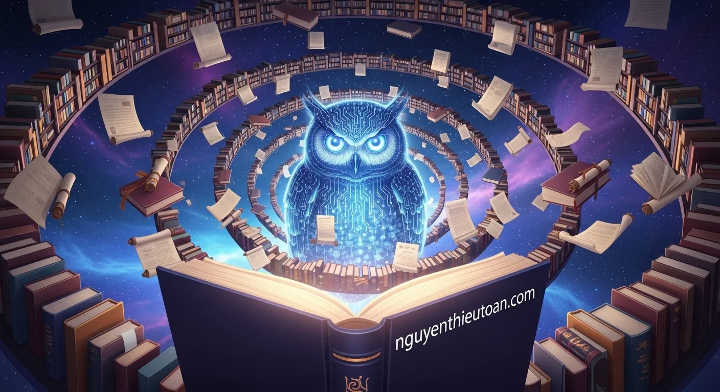 [nguyenthieutoan.com] Con cú AI trí tuệ được bao quanh bởi hàng trăm cuốn sách và tài liệu xoáy tròn trong không gian vũ trụ