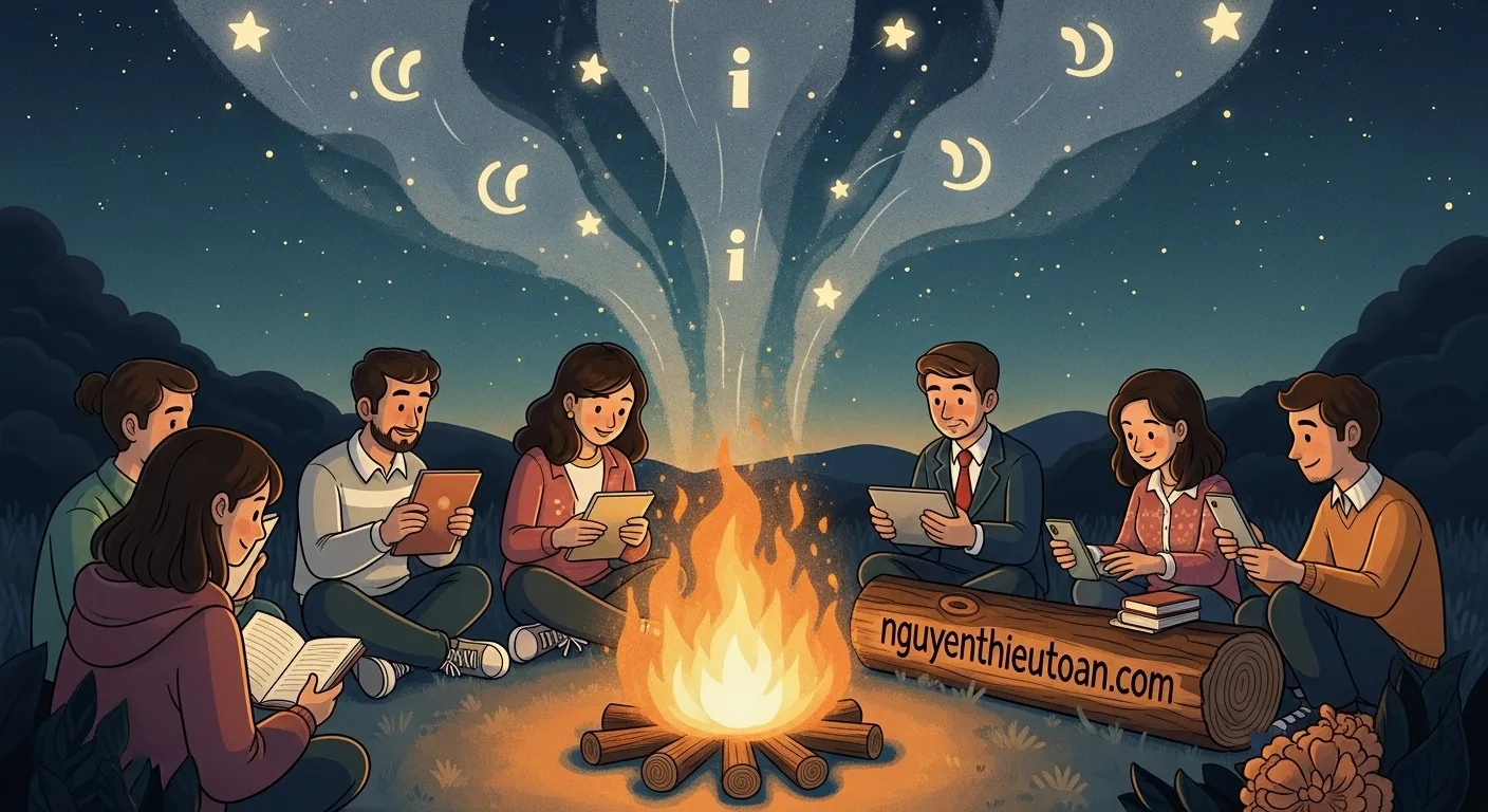 [nguyenthieutoan.com] Nhóm người đa dạng quây quần bên đống lửa tri thức với khói bay lên tạo thành các biểu tượng trích dẫn và luồng thông tin