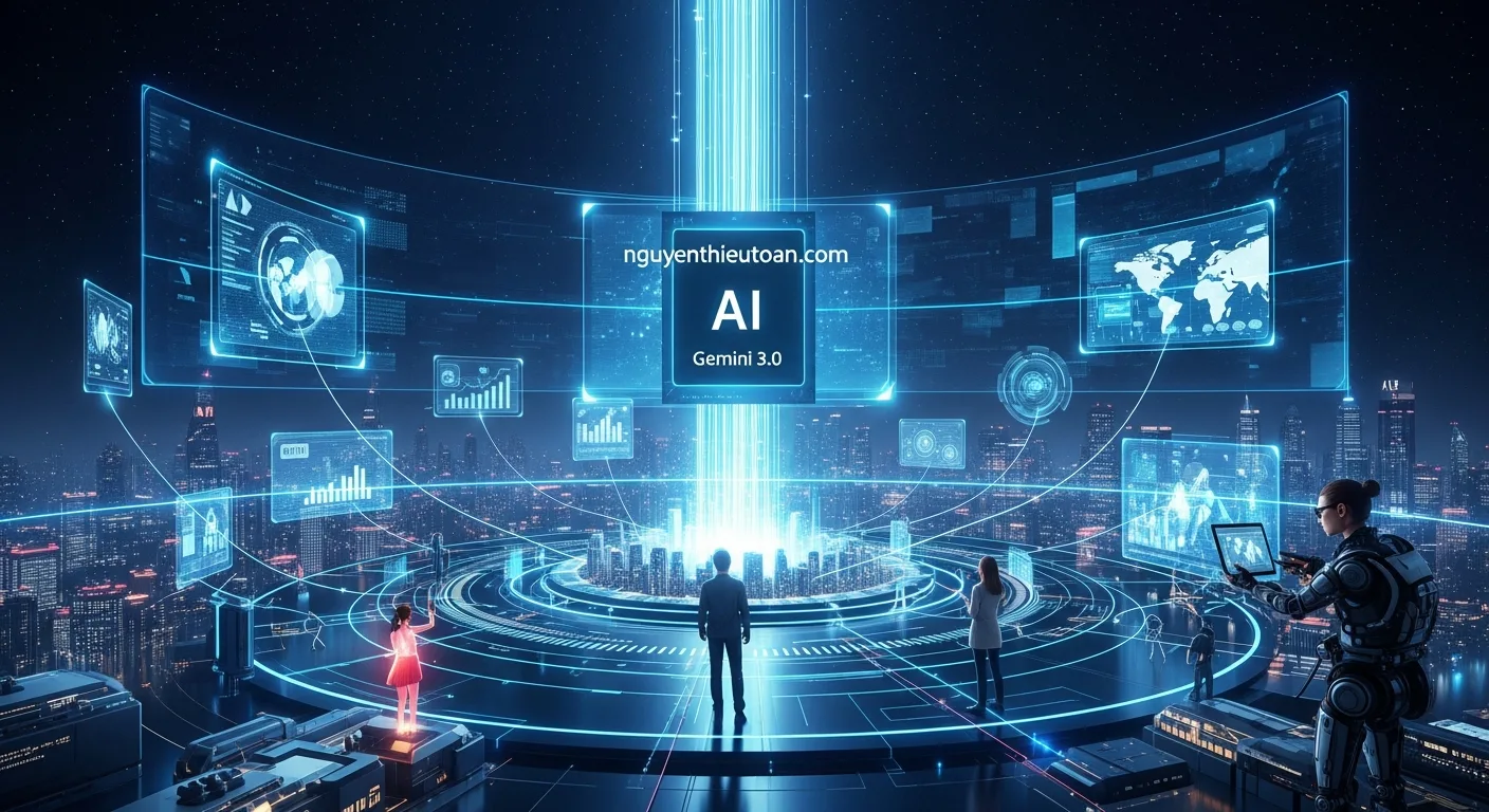[nguyenthieutoan.com] Hình ảnh tương lai của AI với Gemini 3.0 làm trung tâm, thể hiện sự kết nối giữa công nghệ, doanh nghiệp và người dùng, phong cách futuristic với ánh sáng và hiệu ứng công nghệ, watermark 'nguyenthieutoan.com' được tích hợp tự nhiên vào một hologram hoặc digital display trong cảnh