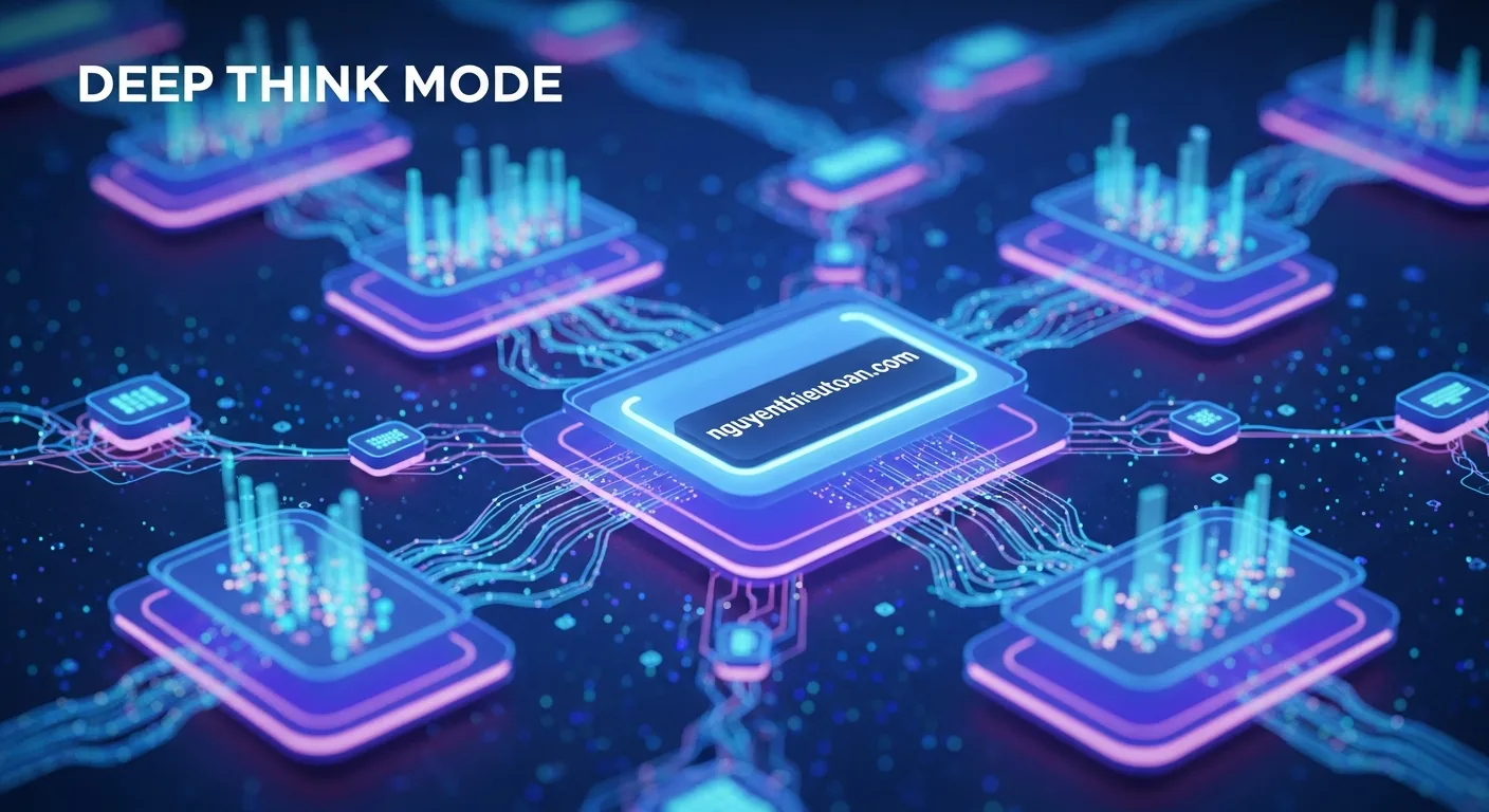 [nguyenthieutoan.com] Minh họa khái niệm Deep Think Mode với hình ảnh một bộ não AI hoặc mạng neural network đang xử lý thông tin theo nhiều bước, có các layer reasoning được biểu diễn bằng đồ họa trực quan, màu sắc gradient từ xanh đến tím, watermark 'nguyenthieutoan.com' được tích hợp vào một trong các node hoặc layer của network