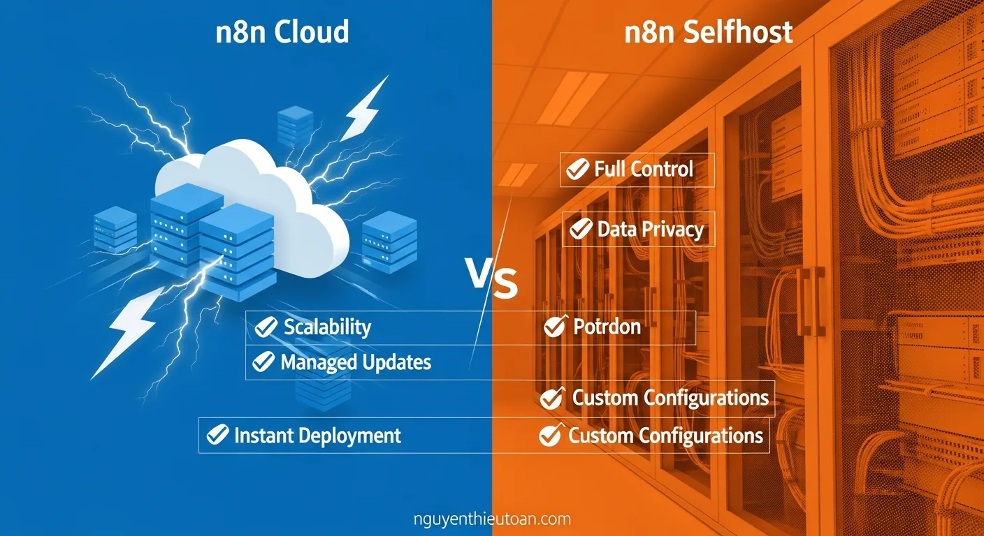 [nguyenthieutoan.com] So sánh n8n Cloud và Selfhost với hai cột minh họa, bên trái là cloud computing với icons servers và lightning bolts, bên phải là self-hosted infrastructure với server racks, modern infographic style, màu xanh dương và cam contrast, bố cục split screen, ánh sáng clean highlight, không khí technical professional, 16:9 ratio, watermark nguyenthieutoan.com trên comparison chart