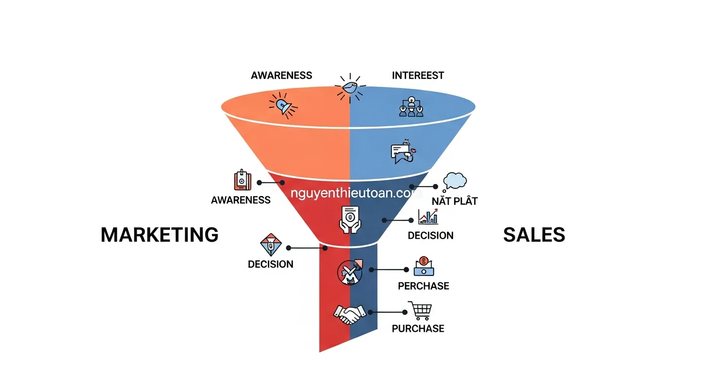 [nguyenthieutoan.com] Quy trình tích hợp giữa Marketing và Sales trong doanh nghiệp, thể hiện dưới dạng funnel chuyển đổi từ awareness đến purchase, với các điểm tiếp xúc giữa hai bộ phận, text 'nguyenthieutoan.com' xuất hiện tự nhiên trên biểu đồ phân tích
