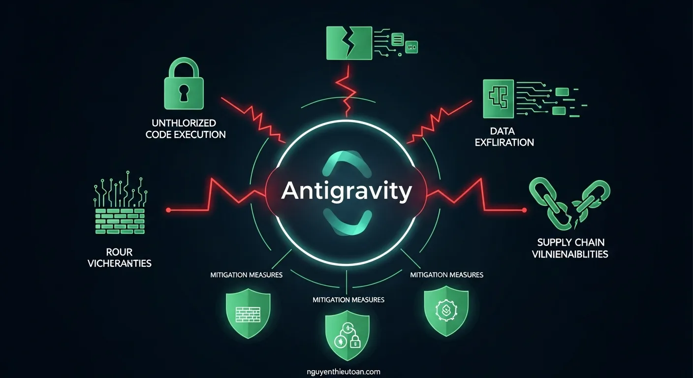 [nguyenthieutoan.com] Sơ đồ minh họa các rủi ro bảo mật của Antigravity bao gồm data exfiltration, unauthorized code execution, supply chain vulnerabilities và các biện pháp giảm thiểu tương ứng