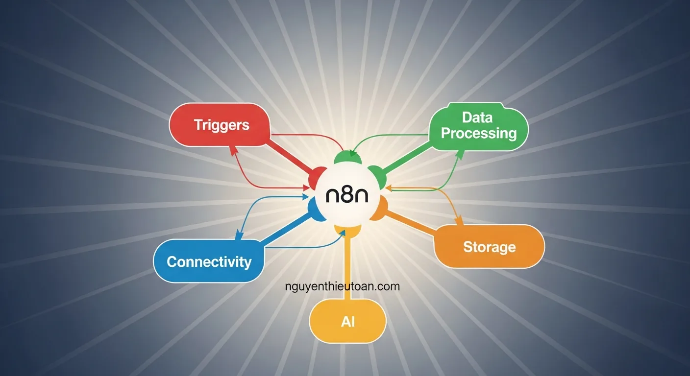 [nguyenthieutoan.com] Sơ đồ các nhóm nodes quan trọng trong n8n được sắp xếp theo 5 danh mục: Triggers, Data Processing, Connectivity, Storage, và AI, mind map style với các nhánh kết nối, màu sắc phân biệt rõ ràng cho từng nhóm, bố cục radial layout, ánh sáng central focus, không khí organized và educational, 16:9 ratio, watermark nguyenthieutoan.com trên central hub
