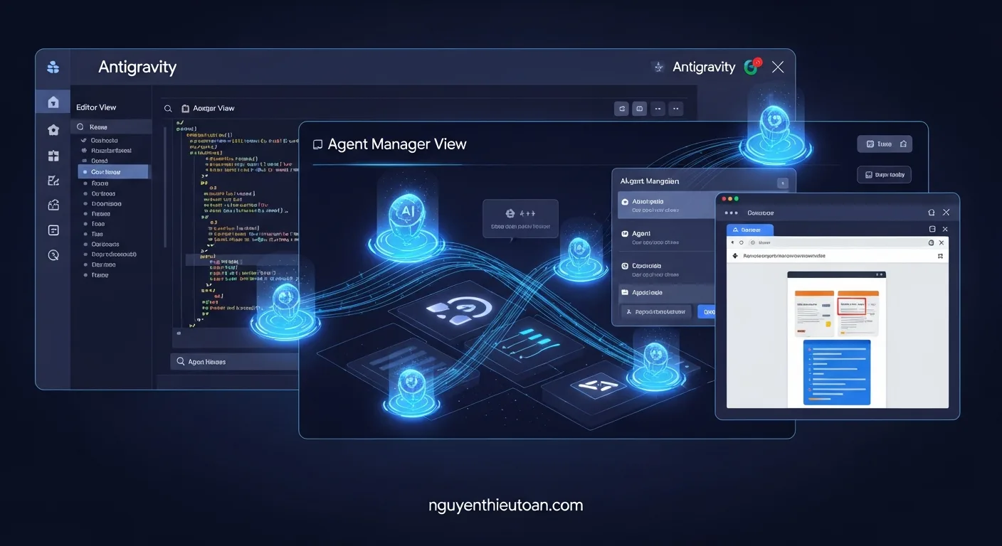 [nguyenthieutoan.com] Giao diện tổng quan của Google Antigravity với Agent Manager View, Editor View và Browser Integration, thể hiện kiến trúc agent-first độc đáo của nền tảng
