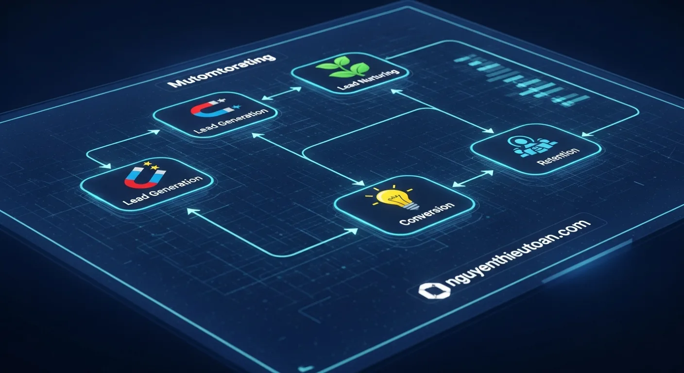 [nguyenthieutoan.com] Workflow tự động hóa kết hợp Marketing và Sales, bao gồm các bước từ lead generation, lead nurturing, đến conversion và retention, được thể hiện dưới dạng sơ đồ flowchart với các node kết nối, text 'nguyenthieutoan.com' xuất hiện tự nhiên trên dashboard automation
