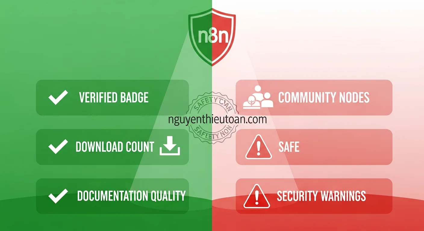 [nguyenthieutoan.com] Infographic về an toàn khi sử dụng community nodes, bao gồm các tiêu chí verified badge, download count, documentation quality, và security warnings, safety-focused design với icons khiên bảo vệ và checkmarks, màu xanh lá (safe) và đỏ (warning), bố cục checklist style, ánh sáng security spotlight, không khí cautious và professional, 16:9 ratio, watermark nguyenthieutoan.com trên safety seal