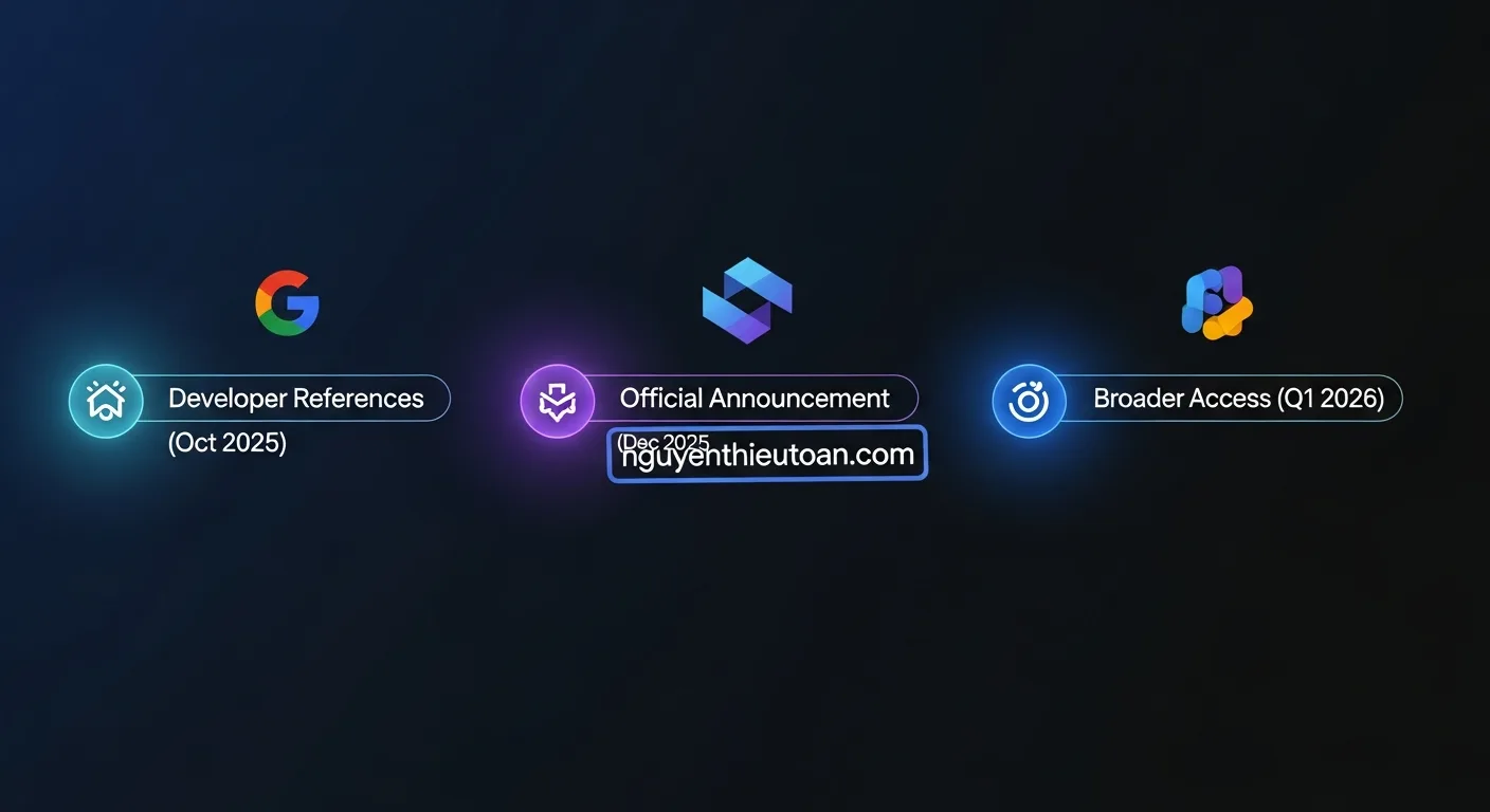 [nguyenthieutoan.com] Timeline minh họa lộ trình phát hành Gemini 3.0 từ tháng 10/2025 đến Q1/2026, được thiết kế dạng infographic với các mốc thời gian rõ ràng, màu sắc chuyên nghiệp, có watermark 'nguyenthieutoan.com' xuất hiện trên một trong các milestone hoặc header của timeline