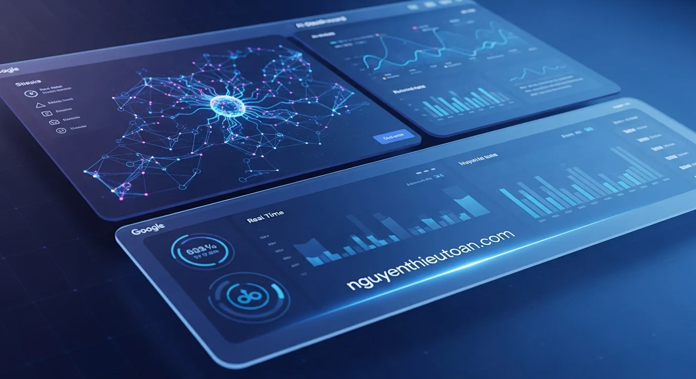 [nguyenthieutoan.com] Hình ảnh minh họa Gemini 3.0 với các yếu tố công nghệ AI hiện đại, màu sắc gradient xanh-tím đặc trưng của Google, có text 'nguyenthieutoan.com' được tích hợp tự nhiên trên giao diện dashboard hoặc màn hình hiển thị trong ảnh
