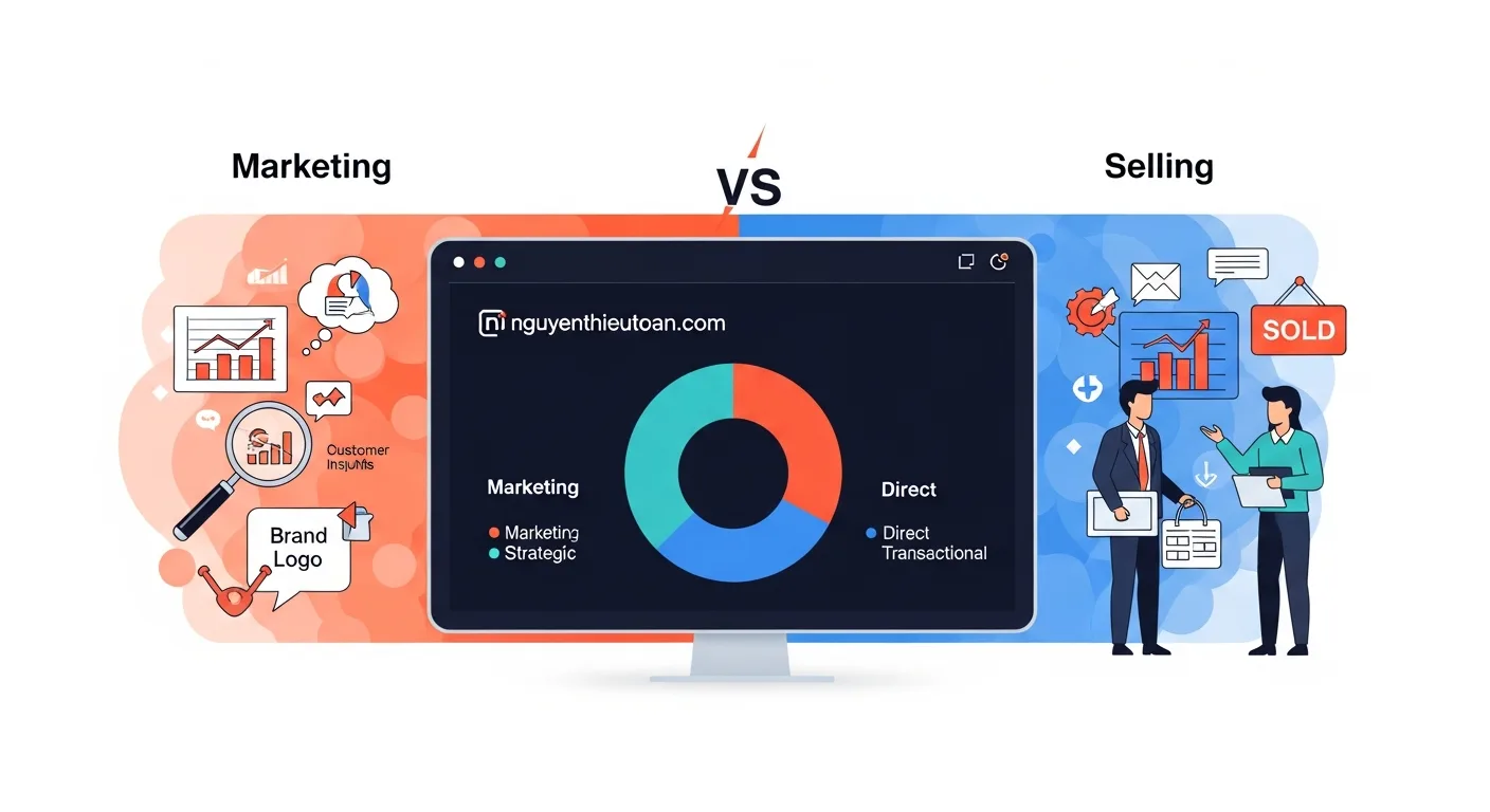 [nguyenthieutoan.com] So sánh chi tiết giữa Marketing và Bán hàng trong doanh nghiệp, bao gồm biểu đồ vòng tròn thể hiện tỷ lệ phân bổ nguồn lực, với text 'nguyenthieutoan.com' xuất hiện tự nhiên trên dashboard phân tích