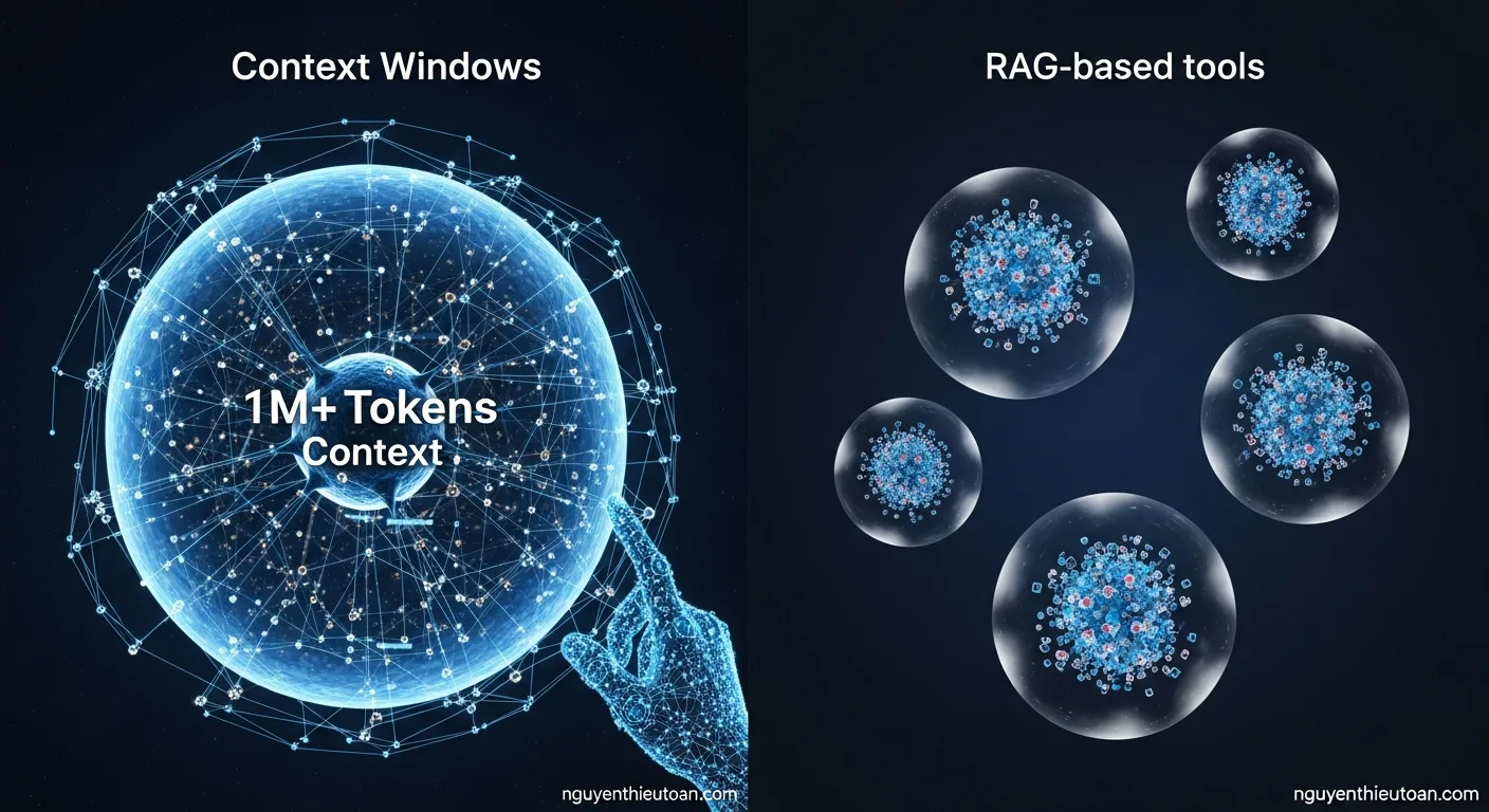[nguyenthieutoan.com] So sánh context window giữa Antigravity với native 1 triệu tokens và các công cụ khác sử dụng RAG, minh họa toàn bộ codebase được load vào memory với các mối quan hệ dependency được giữ nguyên