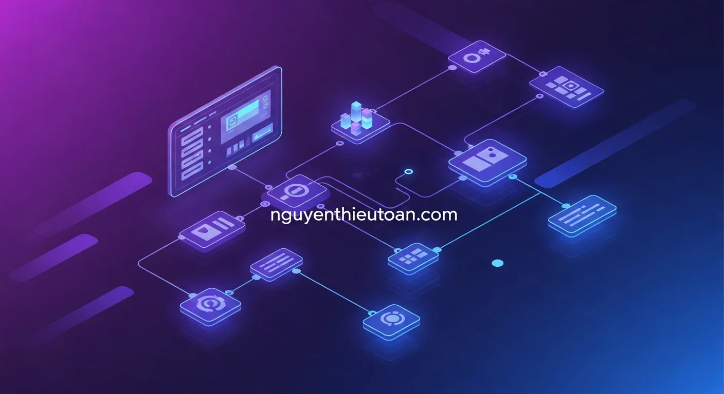 [nguyenthieutoan.com] Giao diện n8n workflow automation với các node kết nối, digital art style với màu tím và xanh gradient, bố cục isometric view, ánh sáng neon glow, không khí công nghệ hiện đại, 16:9 ratio, watermark nguyenthieutoan.com trên dashboard monitor