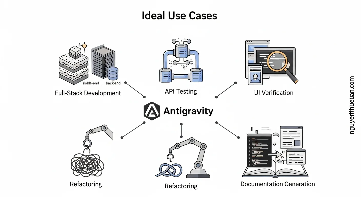 [nguyenthieutoan.com] Infographic minh họa các use cases lý tưởng của Antigravity bao gồm full-stack development, API testing, UI verification, refactoring và documentation generation với ví dụ cụ thể cho từng scenario