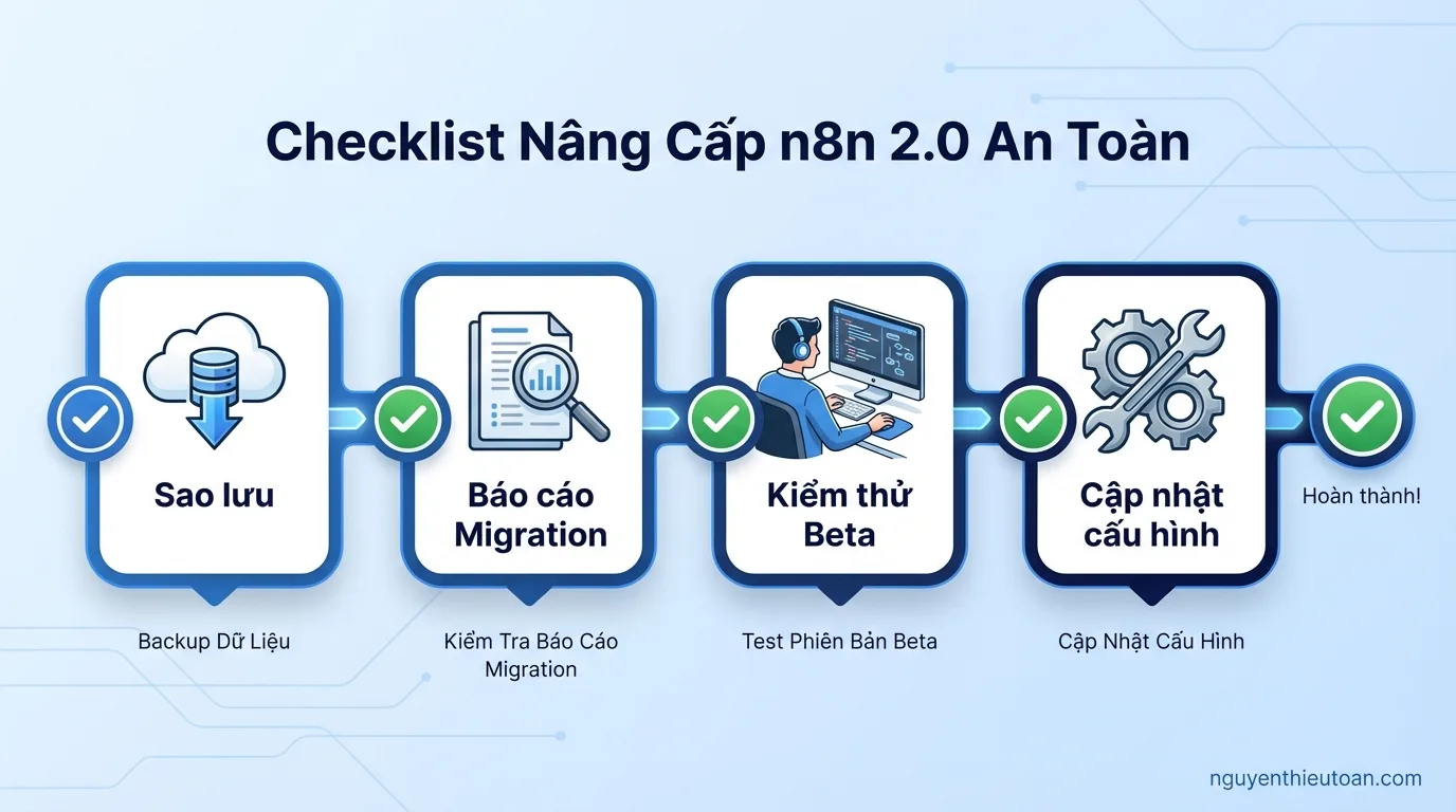 [nguyenthieutoan.com] Checklist chi tiết các bước cần thực hiện để migration an toàn lên n8n 2.0 bao gồm backup, kiểm tra migration report, test beta và cập nhật cấu hình
