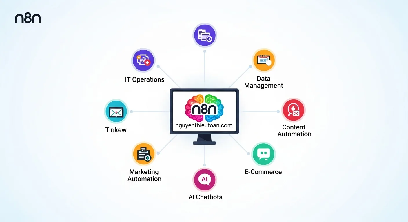 [nguyenthieutoan.com] Sơ đồ các use cases của n8n bao gồm IT operations, data management, marketing automation, content automation, e-commerce và AI chatbot, flat design style với icons hiện đại, màu sắc gradient đa sắc, bố cục grid layout, ánh sáng soft diffused, không khí chuyên nghiệp, 16:9 ratio, watermark nguyenthieutoan.com trên central dashboard