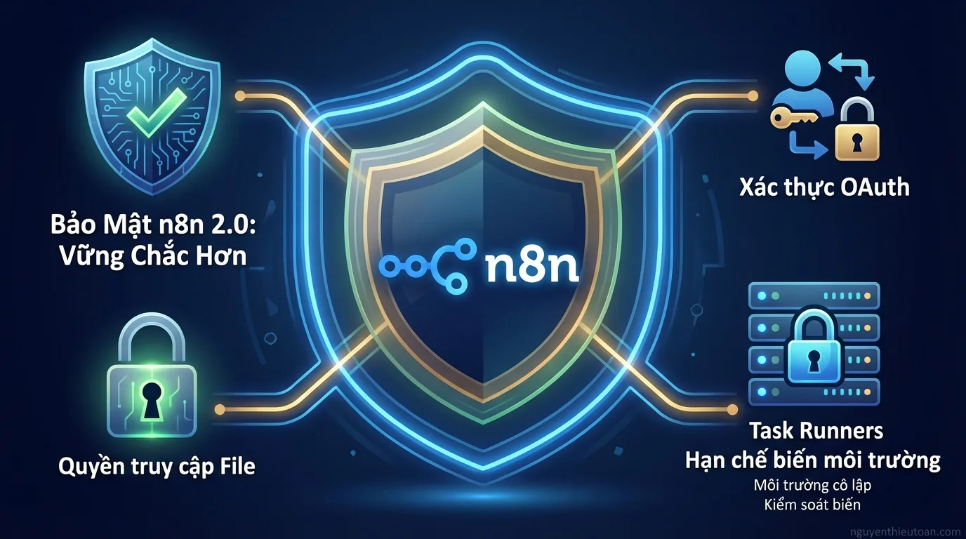 [nguyenthieutoan.com] Sơ đồ các cải tiến bảo mật trong n8n 2.0 bao gồm task runners, file permissions, OAuth authentication và restrictions về file access và environment variables
