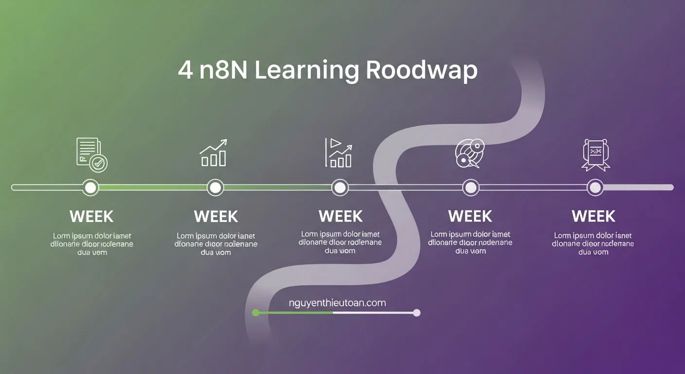 [nguyenthieutoan.com] Lộ trình học n8n 4 tuần với timeline progression từ trái qua phải, mỗi tuần có icon và mô tả ngắn gọn, educational infographic style với màu gradient từ xanh lá sang tím, bố cục horizontal roadmap, ánh sáng warm gradient, không khí inspiring và educational, 16:9 ratio, watermark nguyenthieutoan.com trên progress bar