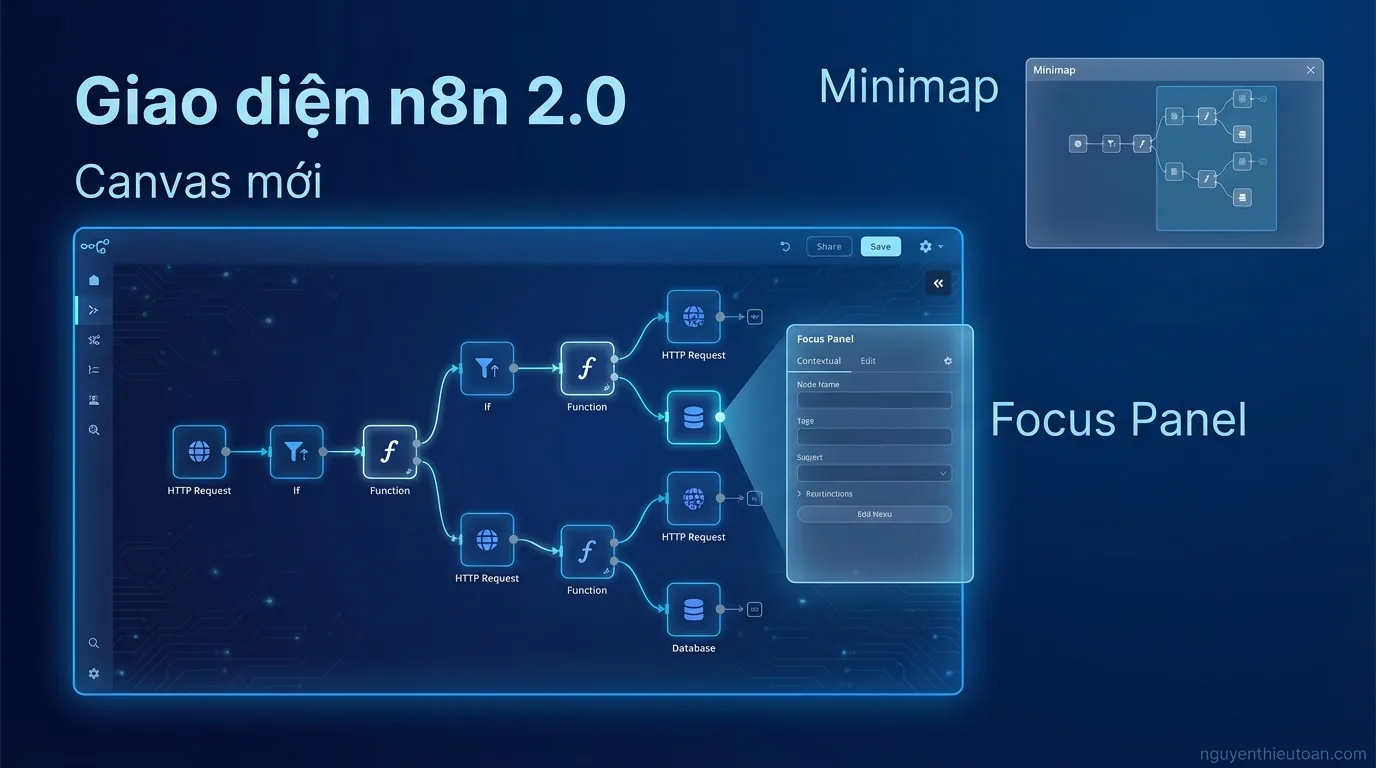 [nguyenthieutoan.com] Giao diện n8n phiên bản 2.0 với Canvas mới, Minimap và Focus panel được thiết kế lại hoàn toàn, mang đến trải nghiệm làm việc nhanh hơn và trực quan hơn