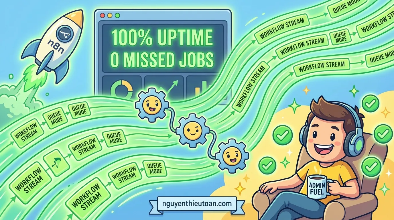 [nguyenthieutoan.com] Illustration minh họa một hệ thống n8n Queue Mode đang hoạt động ổn định và hiệu quả với nhiều workflows được biểu thị bằng các luồng màu xanh lá cây chạy song song qua các workers, dashboard hiển thị 100% uptime và 0 missed jobs màu xanh lá, biểu tượng rocket thể hiện performance cao, và character minh họa admin đang uống cà phê thư giãn với biểu tượng checkmarks và stars xung quanh thể hiện sự hài lòng