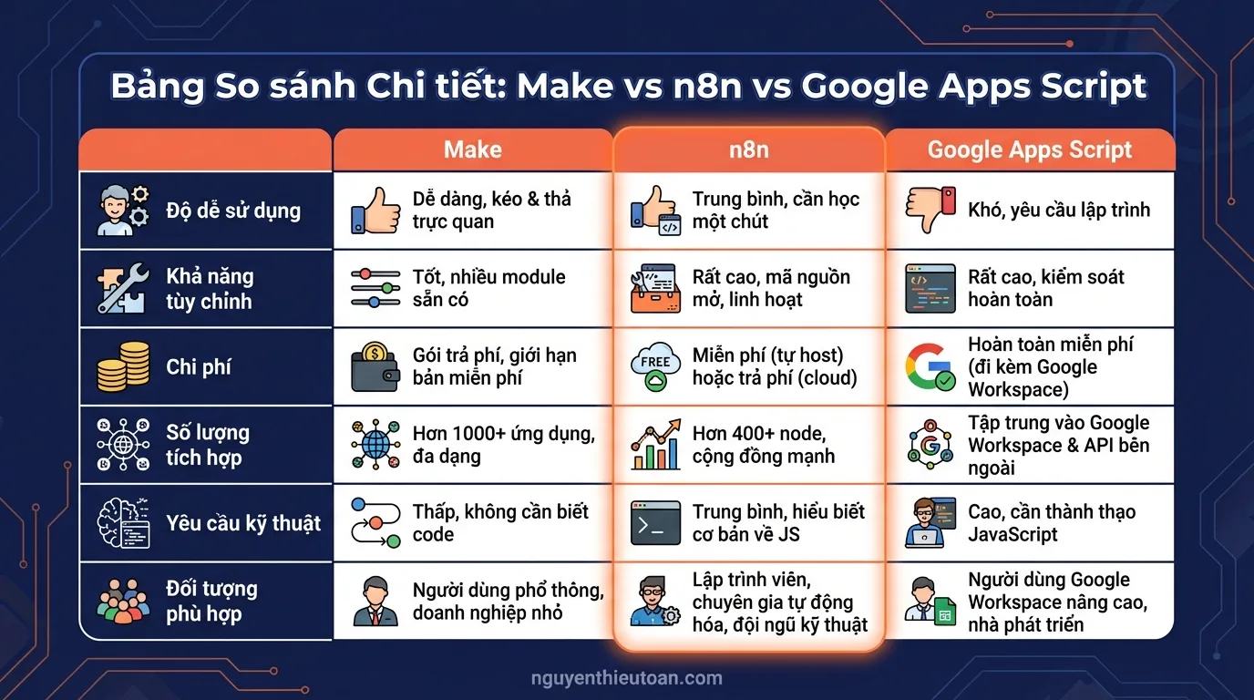 [nguyenthieutoan.com] Bảng ma trận so sánh chi tiết Make vs n8n vs Google Apps Script theo các tiêu chí quan trọng bao gồm độ dễ sử dụng, khả năng tùy chỉnh, chi phí, số lượng tích hợp, yêu cầu kỹ thuật và phù hợp với đối tượng nào, giúp người đọc dễ dàng đưa ra quyết định lựa chọn công cụ phù hợp nhất