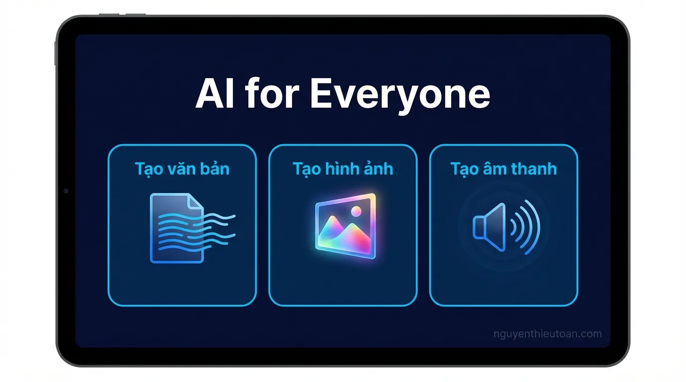 [nguyenthieutoan.com] Giao diện trang chủ Pollinations.AI với slogan AI for Everyone, hiển thị các tính năng tạo text, image và audio hoàn toàn miễn phí