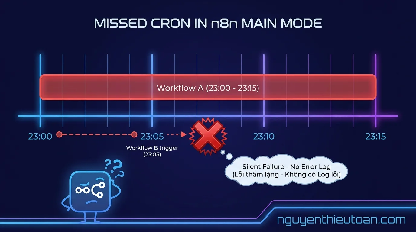 [nguyenthieutoan.com] Sơ đồ timeline minh họa vấn đề missed cron trong n8n Main Mode, thể hiện Workflow A chạy từ 23:00 đến 23:15 chiếm dụng toàn bộ tiến trình được biểu thị bằng thanh màu đỏ, trong khi Workflow B có trigger ở 23:05 nhưng không thể chạy được và bị skip hoàn toàn, được đánh dấu bằng dấu X màu đỏ với chú thích Silent Failure No Error Log