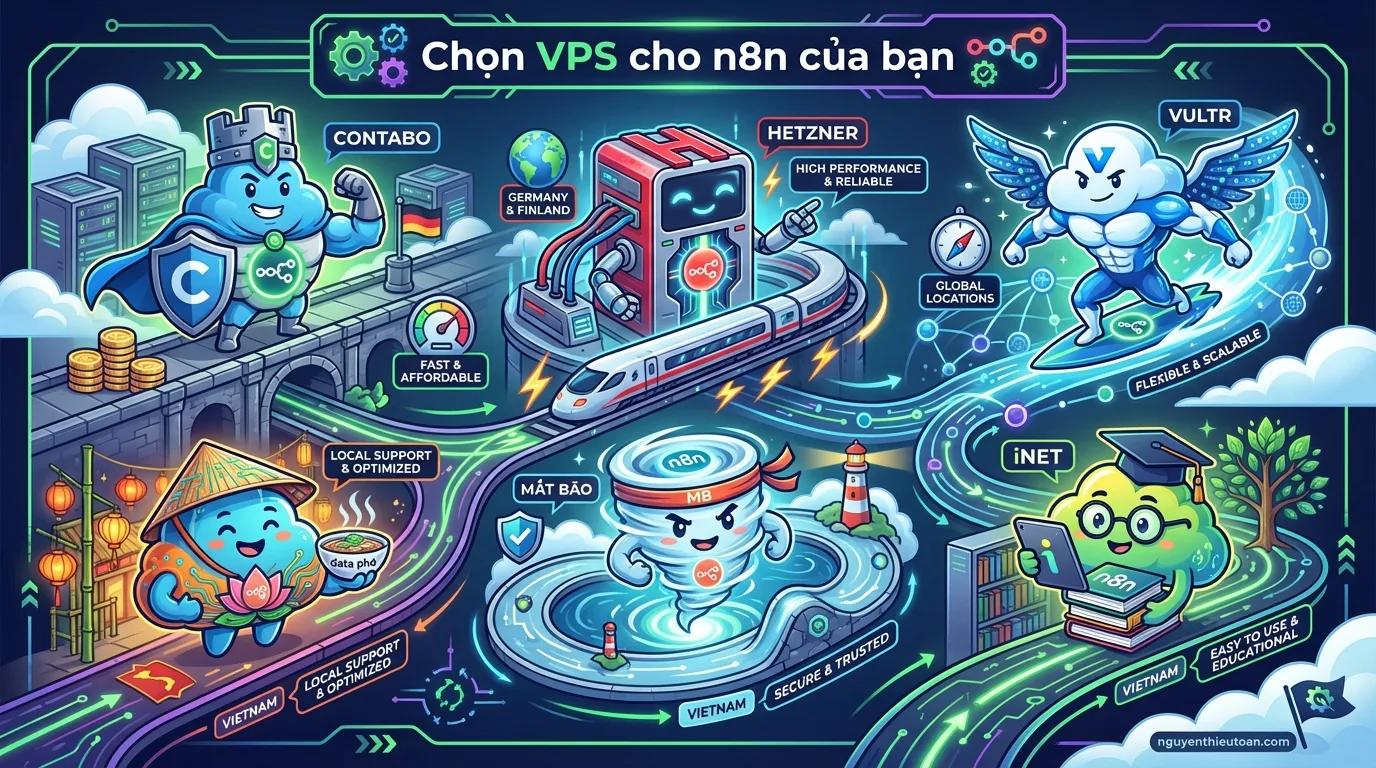 [nguyenthieutoan.com] So sánh các nhà cung cấp VPS phù hợp cho n8n self-hosted bao gồm Contabo, Hetzner, Vultr, AZDIGI, Mắt Bão và iNET