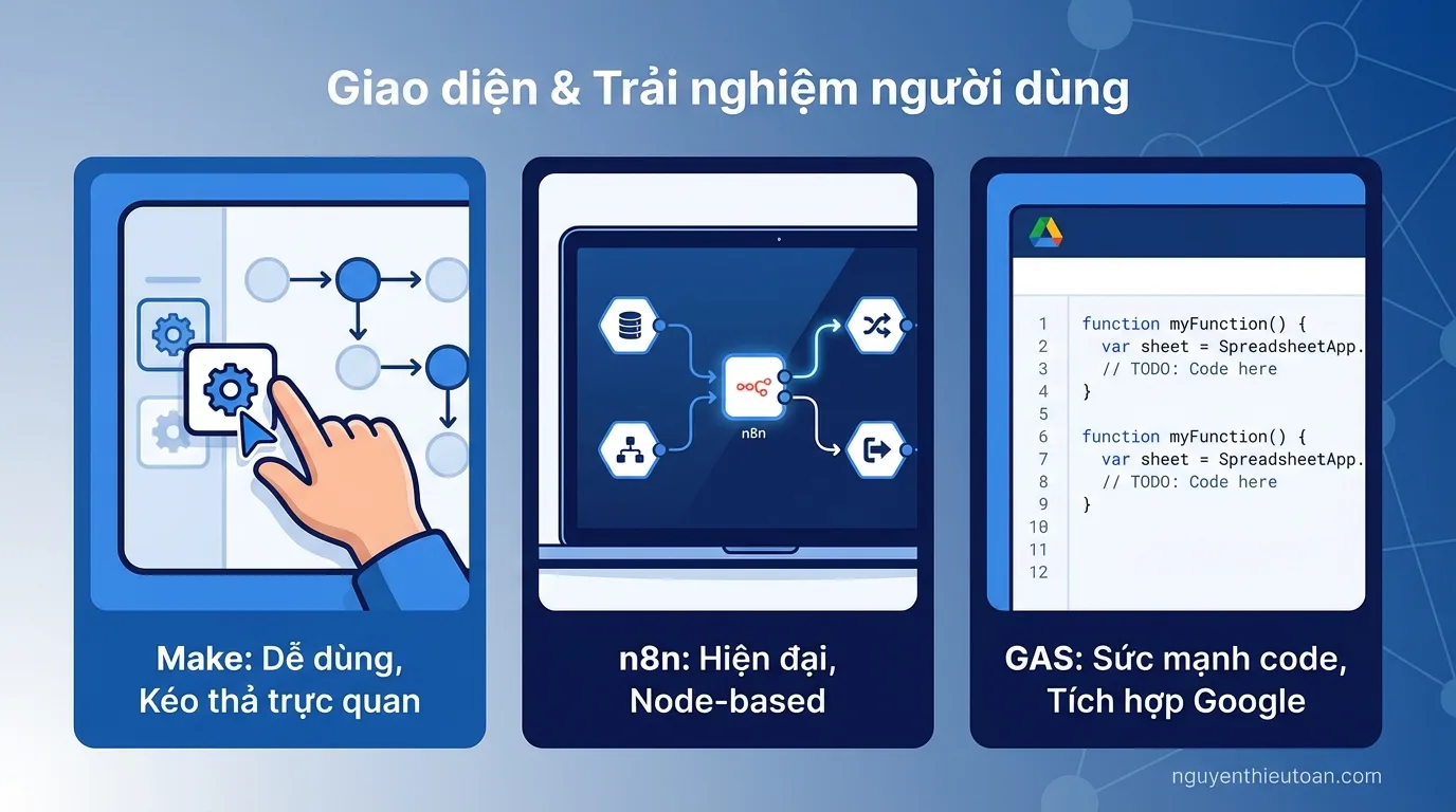 [nguyenthieutoan.com] So sánh giao diện người dùng của Make với flowchart trực quan dạng kéo thả, n8n với node-based workflow hiện đại, và Google Apps Script với trình soạn thảo code JavaScript tích hợp trong Google Workspace, thể hiện sự khác biệt về độ phức tạp và trải nghiệm sử dụng của ba nền tảng