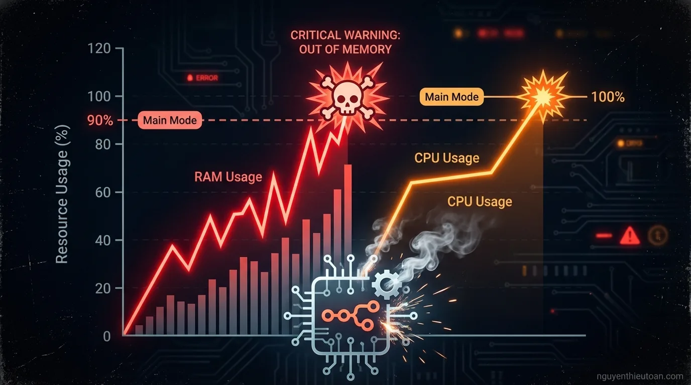 [nguyenthieutoan.com] Biểu đồ minh họa việc sử dụng CPU và RAM của n8n tăng vọt khi có nhiều workflows chạy đồng thời trong chế độ Main Mode, đường màu đỏ thể hiện mức sử dụng RAM vượt quá 90% và đường màu cam thể hiện CPU usage đạt 100%, dẫn đến cảnh báo Out of Memory với icon nguy hiểm