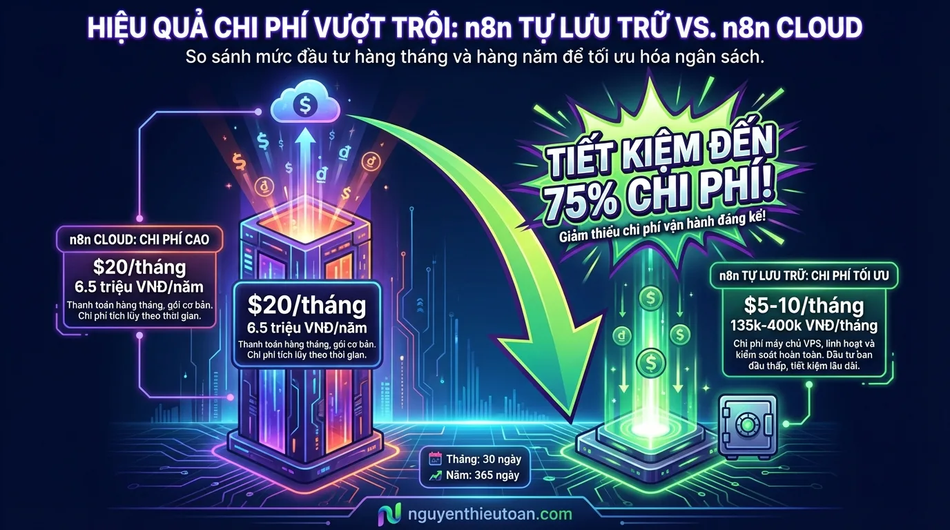 [nguyenthieutoan.com] Biểu đồ so sánh chi phí giữa n8n self-hosted và n8n Cloud cho thấy self-host tiết kiệm đến 75% chi phí hàng năm