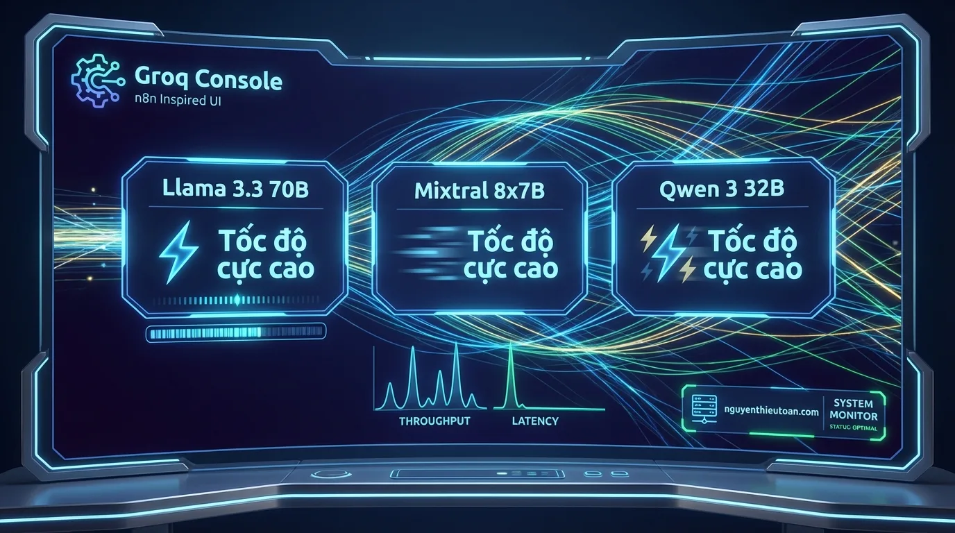 [nguyenthieutoan.com] Dashboard của Groq Console hiển thị các mô hình AI có sẵn như Llama 3.3 70B, Mixtral 8x7B và Qwen 3 32B với tốc độ inference tokens per second cực cao
