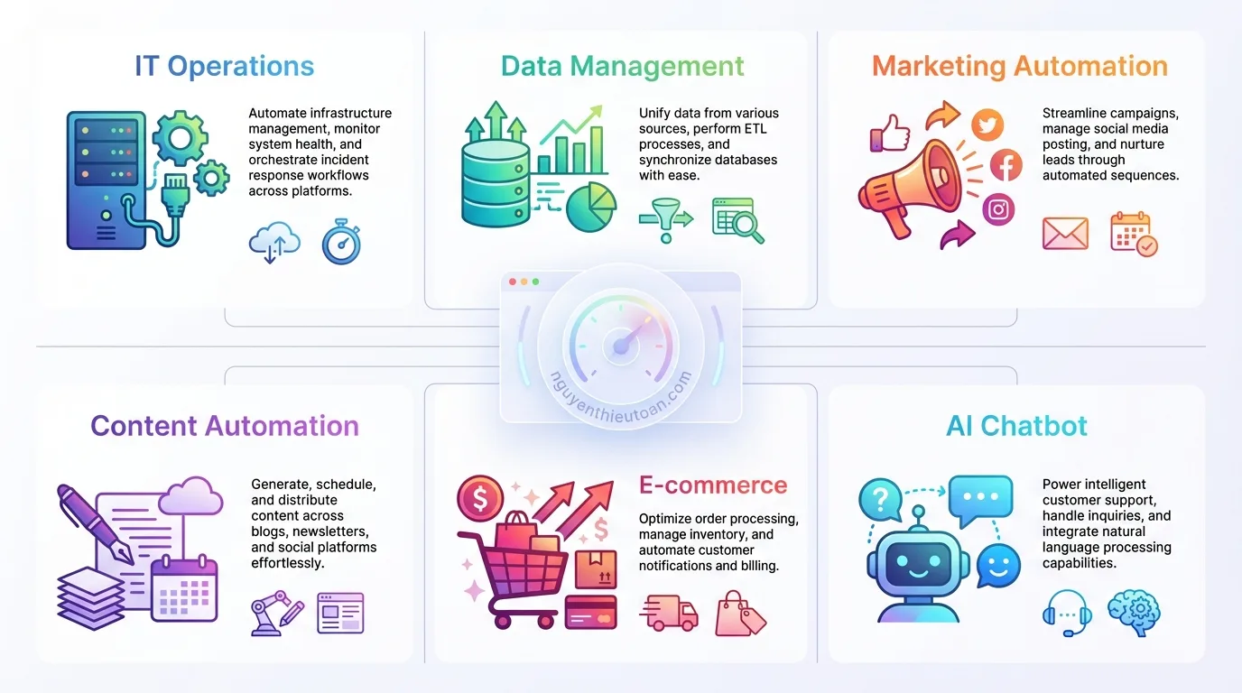 [nguyenthieutoan.com] Sơ đồ các use cases của n8n bao gồm IT operations, data management, marketing automation, content automation, e-commerce và AI chatbot, flat design style với icons hiện đại, màu sắc gradient đa sắc, bố cục grid layout, ánh sáng soft diffused, không khí chuyên nghiệp, 16:9 ratio, watermark nguyenthieutoan.com trên central dashboard