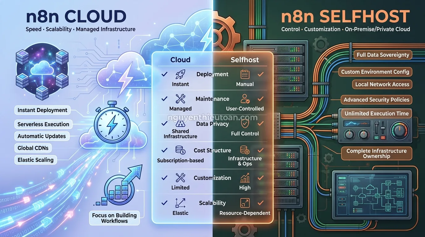 [nguyenthieutoan.com] So sánh n8n Cloud và Selfhost với hai cột minh họa, bên trái là cloud computing với icons servers và lightning bolts, bên phải là self-hosted infrastructure với server racks, modern infographic style, màu xanh dương và cam contrast, bố cục split screen, ánh sáng clean highlight, không khí technical professional, 16:9 ratio, watermark nguyenthieutoan.com trên comparison chart