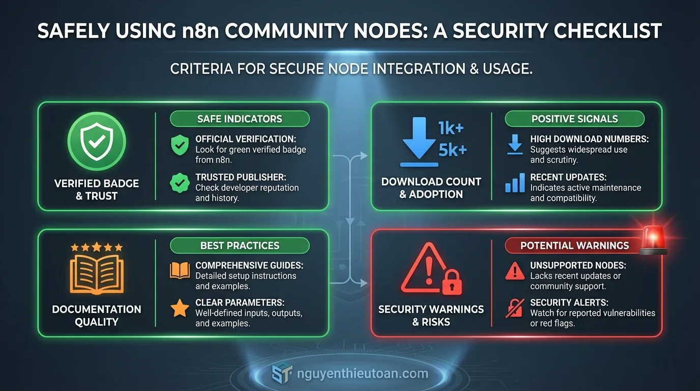 [nguyenthieutoan.com] Infographic về an toàn khi sử dụng community nodes, bao gồm các tiêu chí verified badge, download count, documentation quality, và security warnings, safety-focused design với icons khiên bảo vệ và checkmarks, màu xanh lá (safe) và đỏ (warning), bố cục checklist style, ánh sáng security spotlight, không khí cautious và professional, 16:9 ratio, watermark nguyenthieutoan.com trên safety seal