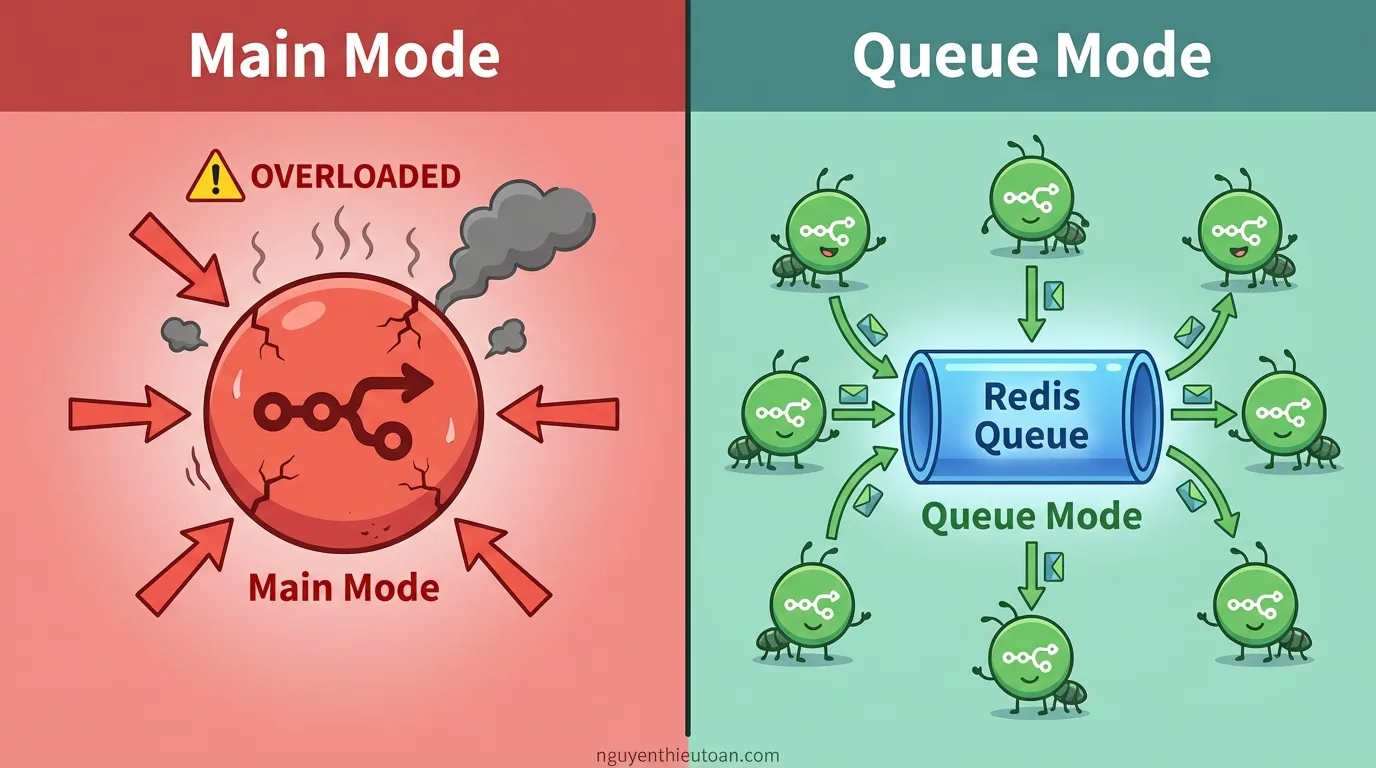 [nguyenthieutoan.com] So sánh trực quan giữa Main Mode và Queue Mode với hai sơ đồ song song, bên trái hiển thị Main Mode với một tiến trình duy nhất bị quá tải được biểu thị bằng màu đỏ và biểu tượng cảnh báo overload, bên phải hiển thị Queue Mode với nhiều workers phân tán màu xanh lá cây hoạt động song song qua Redis queue ở giữa, có mũi tên thể hiện luồng công việc được phân bổ đều đặn