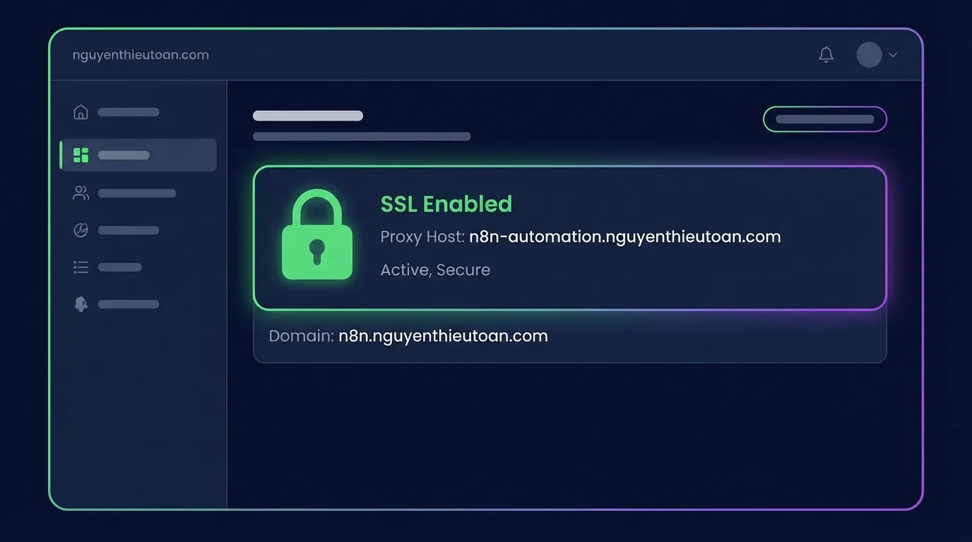 [nguyenthieutoan.com] Giao diện Nginx Proxy Manager với Proxy Host đã được cấu hình SSL thành công cho n8n domain